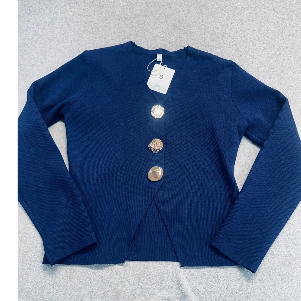 Women's Navy Blue Knit Cardigan Gold Statement Buttons V-Neck‎ Size Small NWT